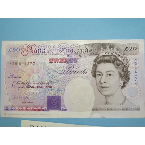 198 - Bank of England, a Series E Historical Issue £20 bank note X28641277 (Kentfield), Series D pictorial... 