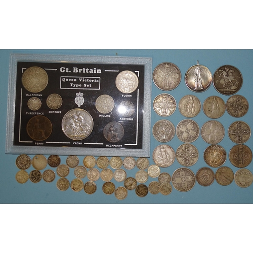 204 - A collection of British pre-1920 silver coinage, including a George IV 1821 crown (a/f), Victoria 18... 