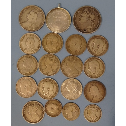 204 - A collection of British pre-1920 silver coinage, including a George IV 1821 crown (a/f), Victoria 18... 