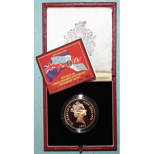 225 - A New Zealand 1993 Coronation 40th Anniversary gold proof five-dollar crown, 47.5g, (cased with cert... 