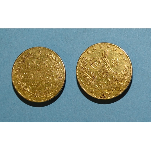 227 - Abdulmecid I, Constantinople, two gold 50-kurus coins converted to studs, (a/f), (2).... 