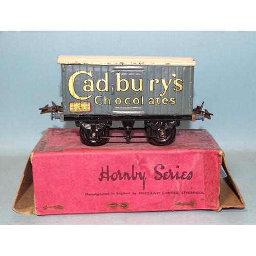 242 - Hornby, O gauge, RS703 Cadbury's Chocolate Van, discoloured to grey/blue on one side, some paint los... 