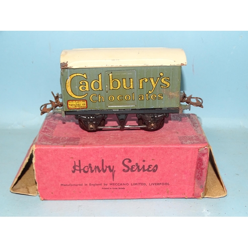 242 - Hornby, O gauge, RS703 Cadbury's Chocolate Van, discoloured to grey/blue on one side, some paint los... 