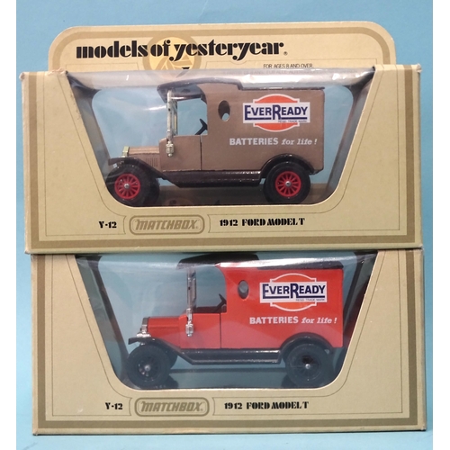 292 - Matchbox, Models of Yesteryear, pre-production colour trial models, two Y-12 1912 Ford Model T 