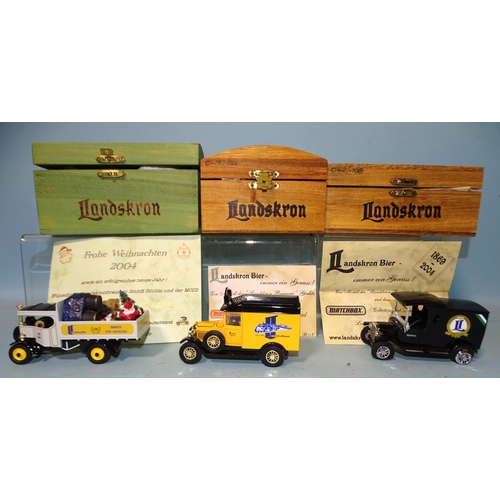 297 - Matchbox, Models of Yesteryear, three Code 2 models for Landskron Bier 2004, all in wooden boxes, wi... 