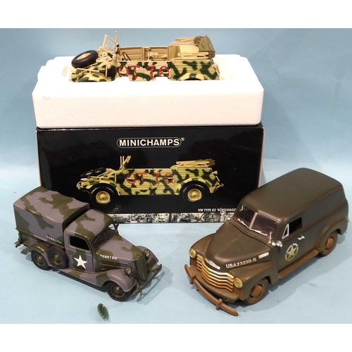 339 - Minichamps, scale 1:18 VW Type 82 Kubelwagon 1942, (boxed) and two unboxed vehicles by Solido and Su... 