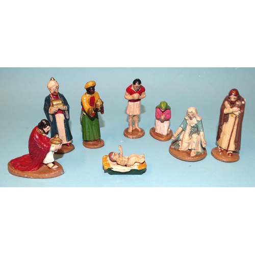 444 - Wend-Al, nativity figures: Jesus in separate crib, Mary, Joseph, three kings and two shepherds, all ... 