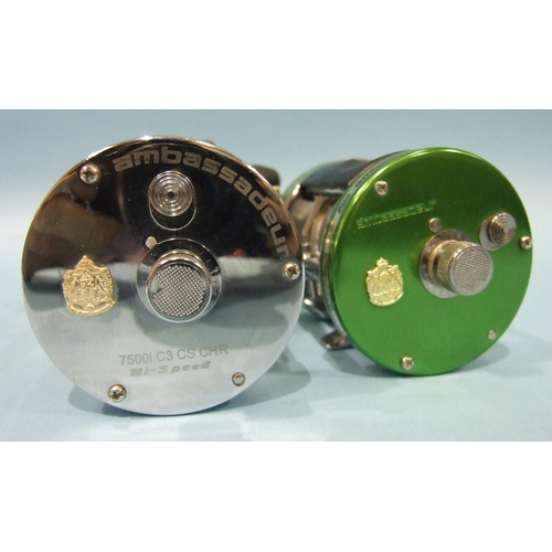 459 - An Abu Garcia Ambassadeur 7000B reel in green and an Ambassadeur 7500i CS CHR in chrome, both a... 