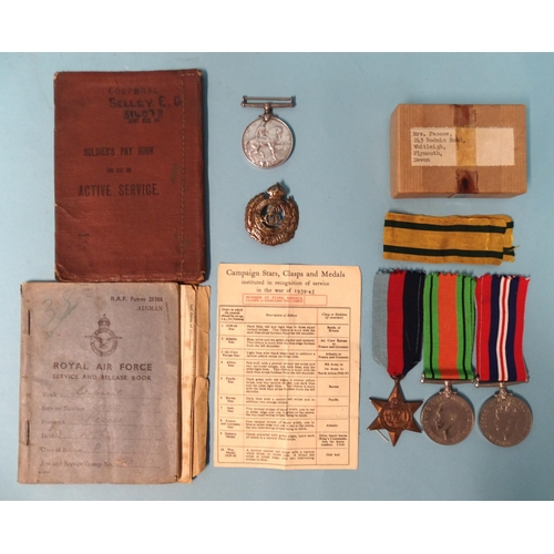 499 - A WWI British War Medal to 514073 Cpl E G Selley RE, a Royal Engineers cap badge (a/f), a soldiers p... 