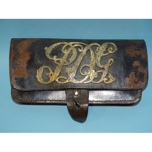 507 - A vintage leather belt pouch bearing brass monogram RDG, 22 x 11cm.