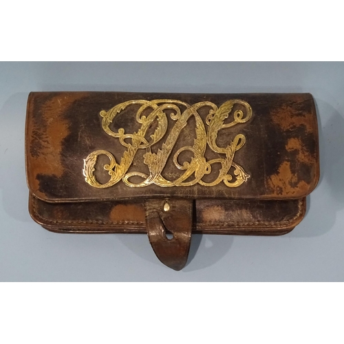 507 - A vintage leather belt pouch bearing brass monogram RDG, 22 x 11cm.