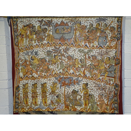 517 - An Indonesian batik wall hanging depicting numerous figures, 122 x 135cm.