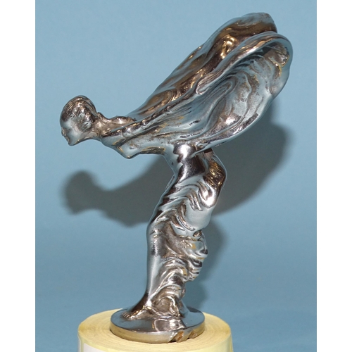 531 - A chromium-plated 'Spirit of Ecstasy' car mascot, 11cm high, two others of a salmon 10cm high and a ... 