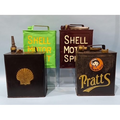 532 - A collection of four vintage two-gallon petrol cans, all repainted, including Shell 3/- with Shell m... 