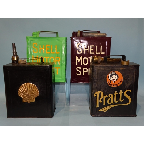 532 - A collection of four vintage two-gallon petrol cans, all repainted, including Shell 3/- with Shell m... 