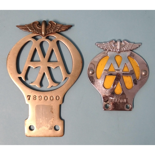 537 - A pre-1930 AA car badge numbered 789000 and a later AA badge numbered 09976A, (2).