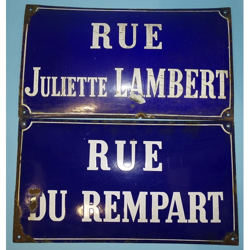 555 - A vintage French blue enamel street sign with white lettering Rue Juliette Lambert, 25 x 45cm and an... 