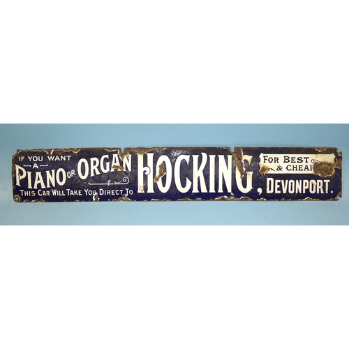 556 - A vintage blue enamel rectangular advertising sign with white lettering If You Want A Piano Or Organ... 