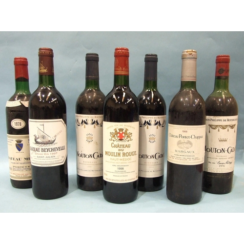 582 - Mouton Cadet Bordeaux 1991, 12%, 75cl, two bottles, 1976 one bottle (high shoulder), Chateau Beychev... 