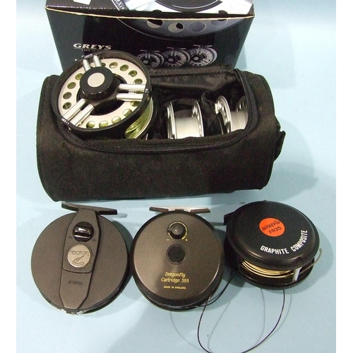 474 - A Grays fly reel with three spare spools, in case and box, with three other fly reels, (4).... 