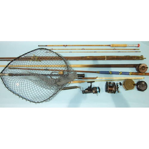 483 - A Forshaws of Liverpool 9' three-piece split-cane fly rod in sleeve, various greenheart rod parts, a... 