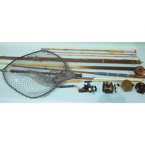 483 - A Forshaws of Liverpool 9' three-piece split-cane fly rod in sleeve, various greenheart rod parts, a... 