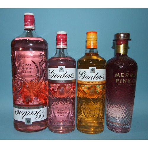 598 - Gin, Gordons Premium Pink, 37.5%, 1.5L, one bottle and 70cl, one bottle, Mediterranean Orange, 70cl,... 