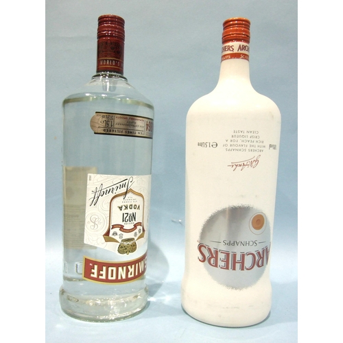 604 - Vodka, Smirnoff, 37.5%, 1.5L, one bottle and Schnapps Archers, 18% vol, 1.5L, one bottle, (2).... 