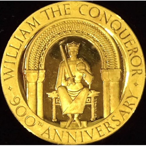 Spink & Son Ltd, William the Conqueror - 900th Anniversary of the Battle of Hastings 1066-1966, a gold medal, ob. the Conqueror enthroned beneath an arch, rev. ships in the channel, numbered 359, 47g.