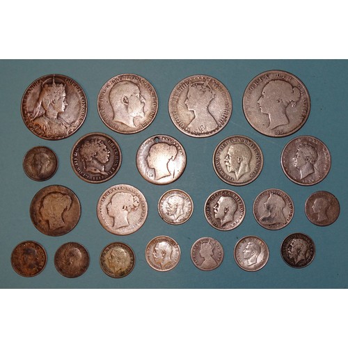 122 - A small collection of British pre-1920 silver coinage, including Victoria 1872 Gothic florin, 72g, o... 