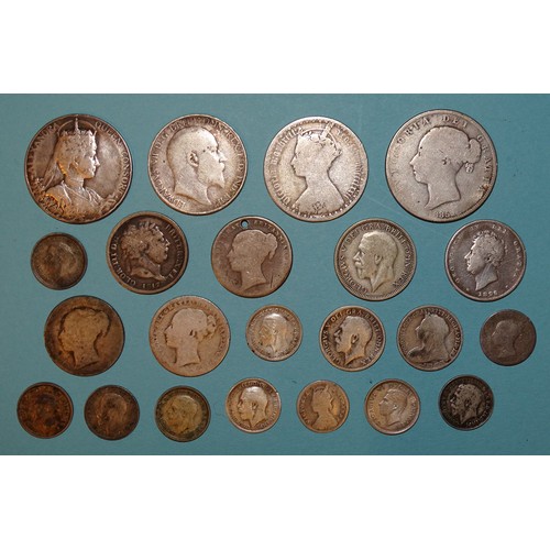 122 - A small collection of British pre-1920 silver coinage, including Victoria 1872 Gothic florin, 72g, o... 