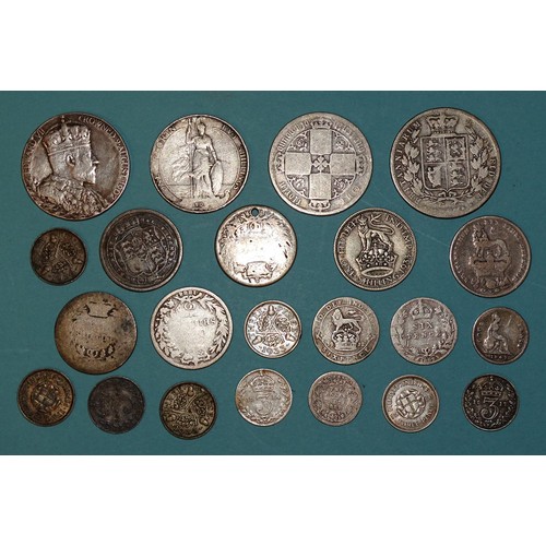 122 - A small collection of British pre-1920 silver coinage, including Victoria 1872 Gothic florin, 72g, o... 