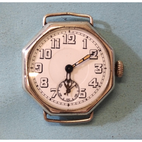 690 - An early-20th century unsigned Swiss-made silver-cased trench wrist watch, with octagonal case, whit... 