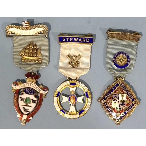 107 - Masonic, three silver and enamelled craft charity jewels, RMIB 1932 Devonshire, another 1923 and ano... 