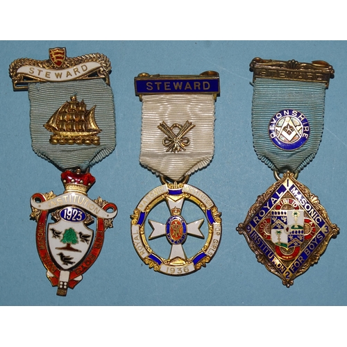 107 - Masonic, three silver and enamelled craft charity jewels, RMIB 1932 Devonshire, another 1923 and ano... 