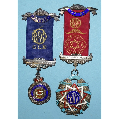 108 - Masonic, a silver and enamel ROAB Primo breast jewel, Duke of York Lodge 863 and another, Sincerity ... 