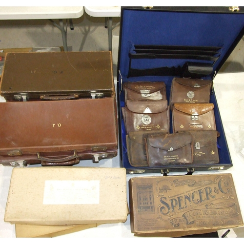 110 - Masonic, a vintage Spencer & Co. printed cardboard regalia box, with a collection of leather and... 