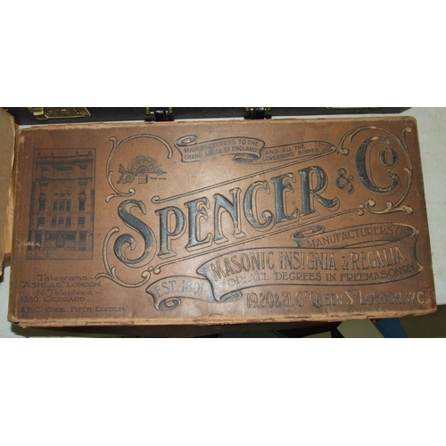 110 - Masonic, a vintage Spencer & Co. printed cardboard regalia box, with a collection of leather and... 