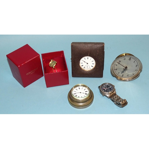 129 - A gold-plated open-face pocket watch in case, a Smiths dashboard clock (a/f), a small metal-cased wa... 