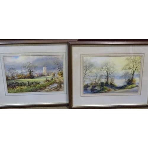 23 - R Slater, 'Figures and boats in an estuary', signed watercolour, 28 x 37cm, Clive Pryke 'Country lan... 