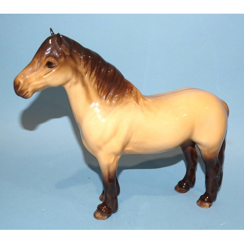 28 - A Beswick Highland pony, dun gloss, 18cm high, a Palomino (prancing Arab type) horse, 17cm high, a S... 