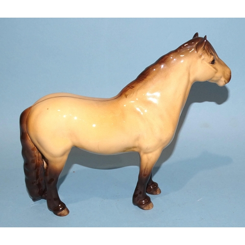 28 - A Beswick Highland pony, dun gloss, 18cm high, a Palomino (prancing Arab type) horse, 17cm high, a S... 