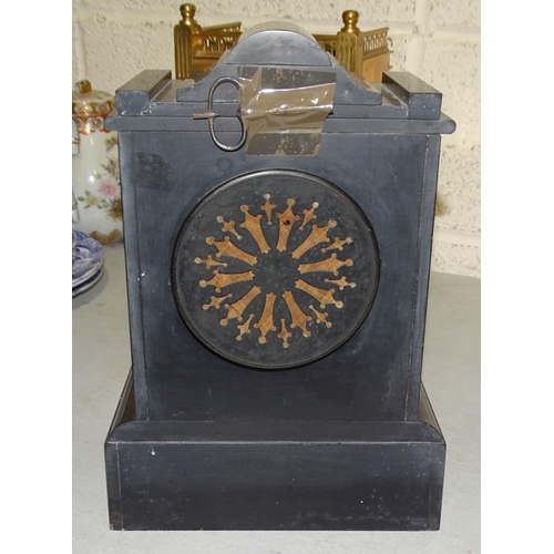 9 - A slate and marble mantel clock, the dial marked S Edgcumbe, Paris, 31cm high, 21cm wide, 13cm deep,... 