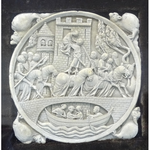 101 - A pair of Victorian relief-carved plaques, one depicting a court interior with figures playing a boa... 