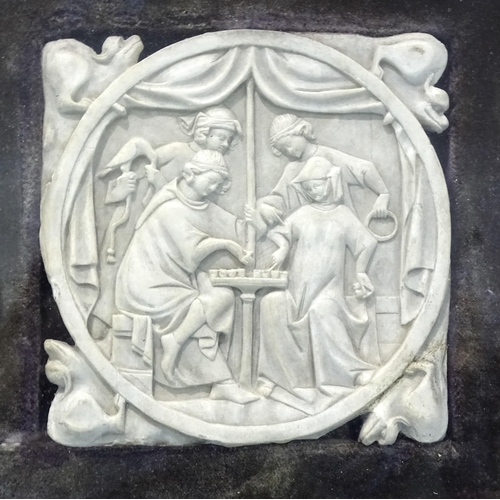 101 - A pair of Victorian relief-carved plaques, one depicting a court interior with figures playing a boa... 