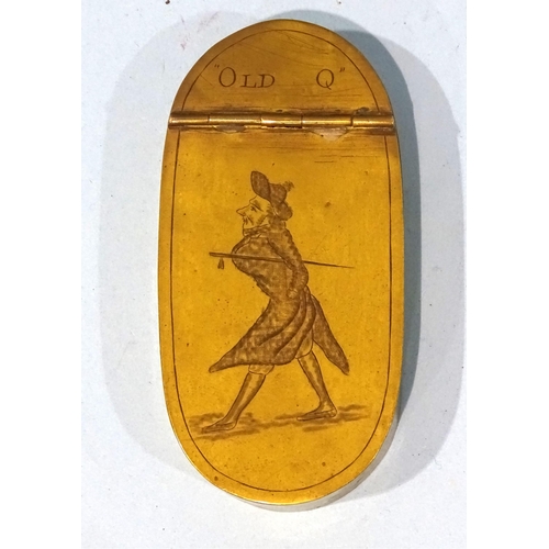 115 - A George III brass oval snuff box, the hinged cover engraved with a caricature of William Douglass, ... 