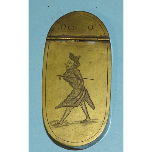 115 - A George III brass oval snuff box, the hinged cover engraved with a caricature of William Douglass, ... 