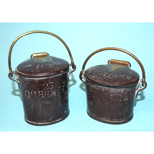 128 - Two miniature metal milk or cream pails, with brass hinge, handle and clip, engraved Roland Man &... 