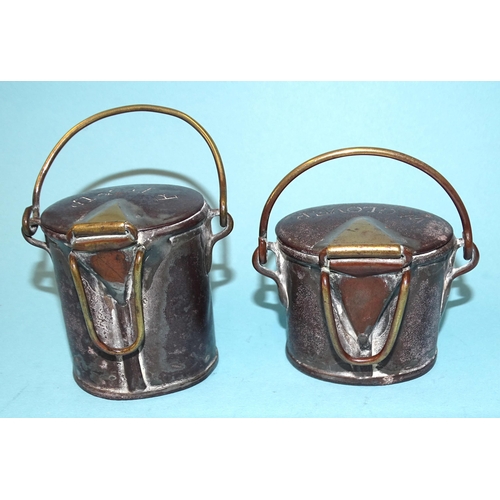 128 - Two miniature metal milk or cream pails, with brass hinge, handle and clip, engraved Roland Man &... 