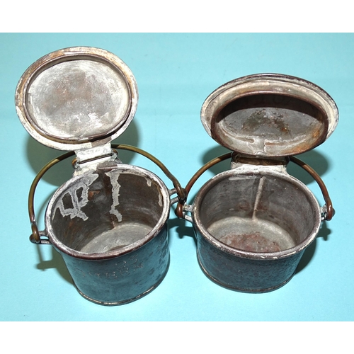 128 - Two miniature metal milk or cream pails, with brass hinge, handle and clip, engraved Roland Man &... 